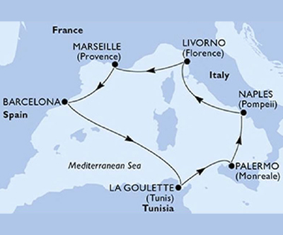Križarjenje z MSC Grandiosa Francija-Španija-Tunizija
