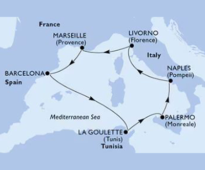 Križarjenje MSC Erubia Italija, Tunizija, Španija